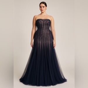 Adrianna Papell Midnight Navy Blue Mesh Tulle Strapless Gown Maxi Dress size 10